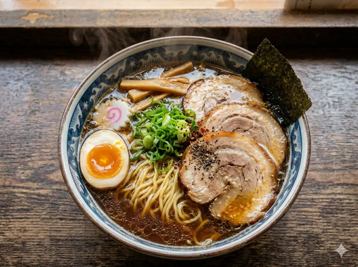 木目のカウンターに置かれた味噌ラーメン